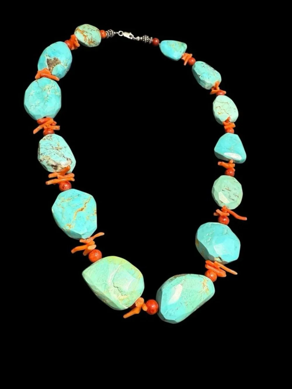 Vintage Turquoise Coral Bead Necklace Sterling Silver Clasp Statement